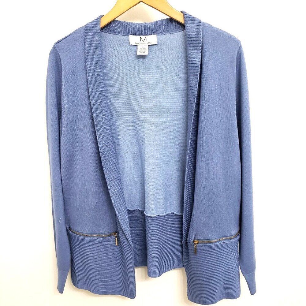 M Magaschoni Light Blue Open Collared Cardigan Sz L - Picture 2 of 6